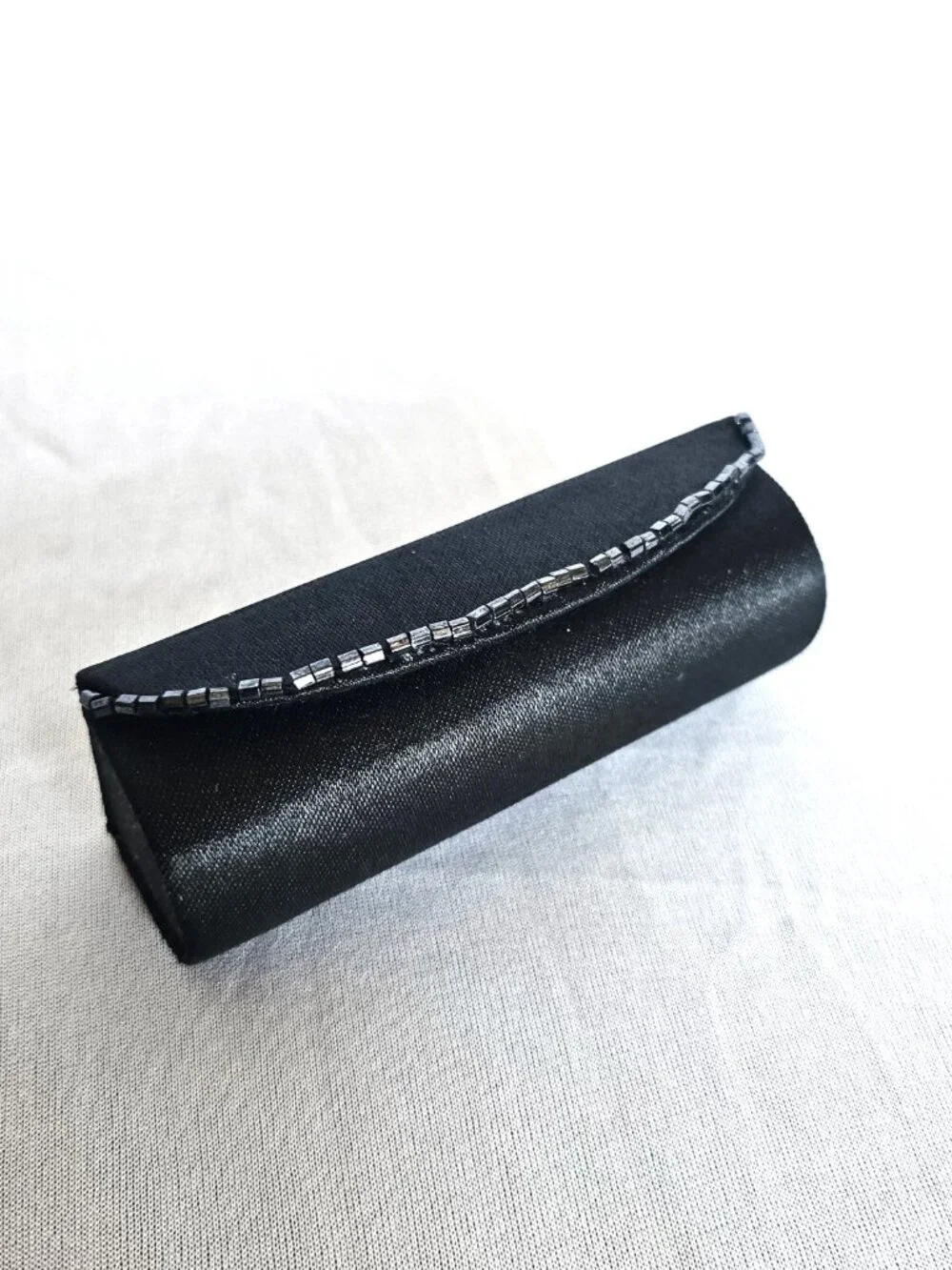 Vintage Black Satin Beaded Lipstick Case | Mirror Snap Closure